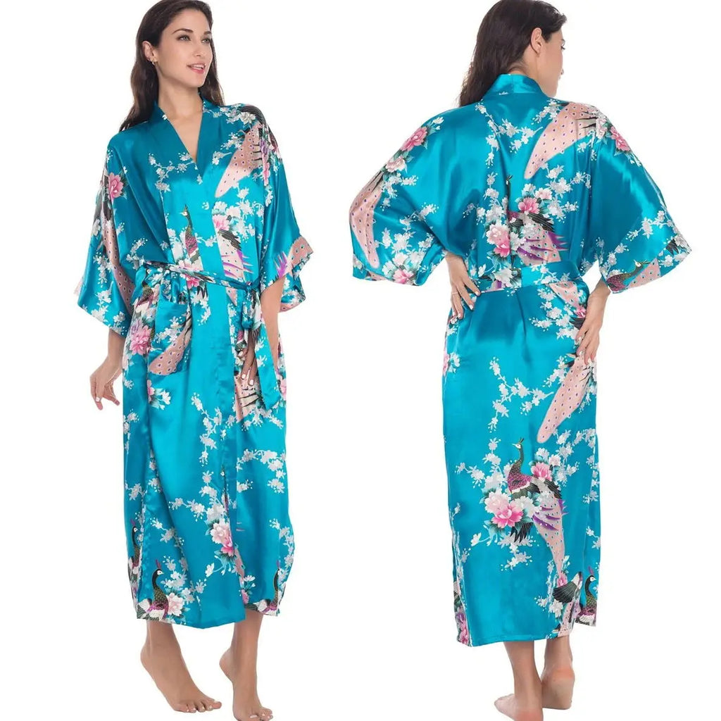 New Spring Summer Female Long Robe Nightgown Sexy Print Flower Kimono Bathrobe Gown Casual Silk Satin Home Dress Lounge Wear