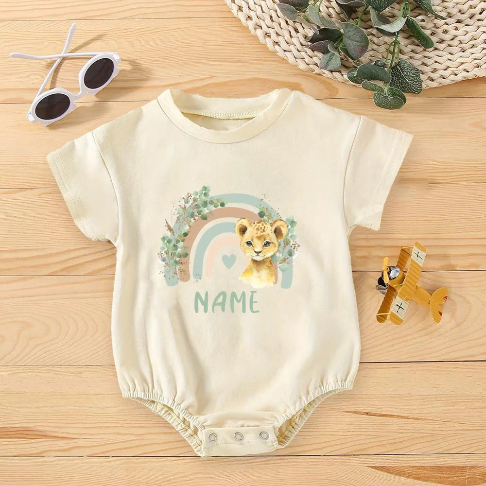 Personalized Rainbow with Name Bubble Romper Infant Jungle Birthday Party Clothes Baby Oversized Bodysuit Cute Wild One Jumpsuit