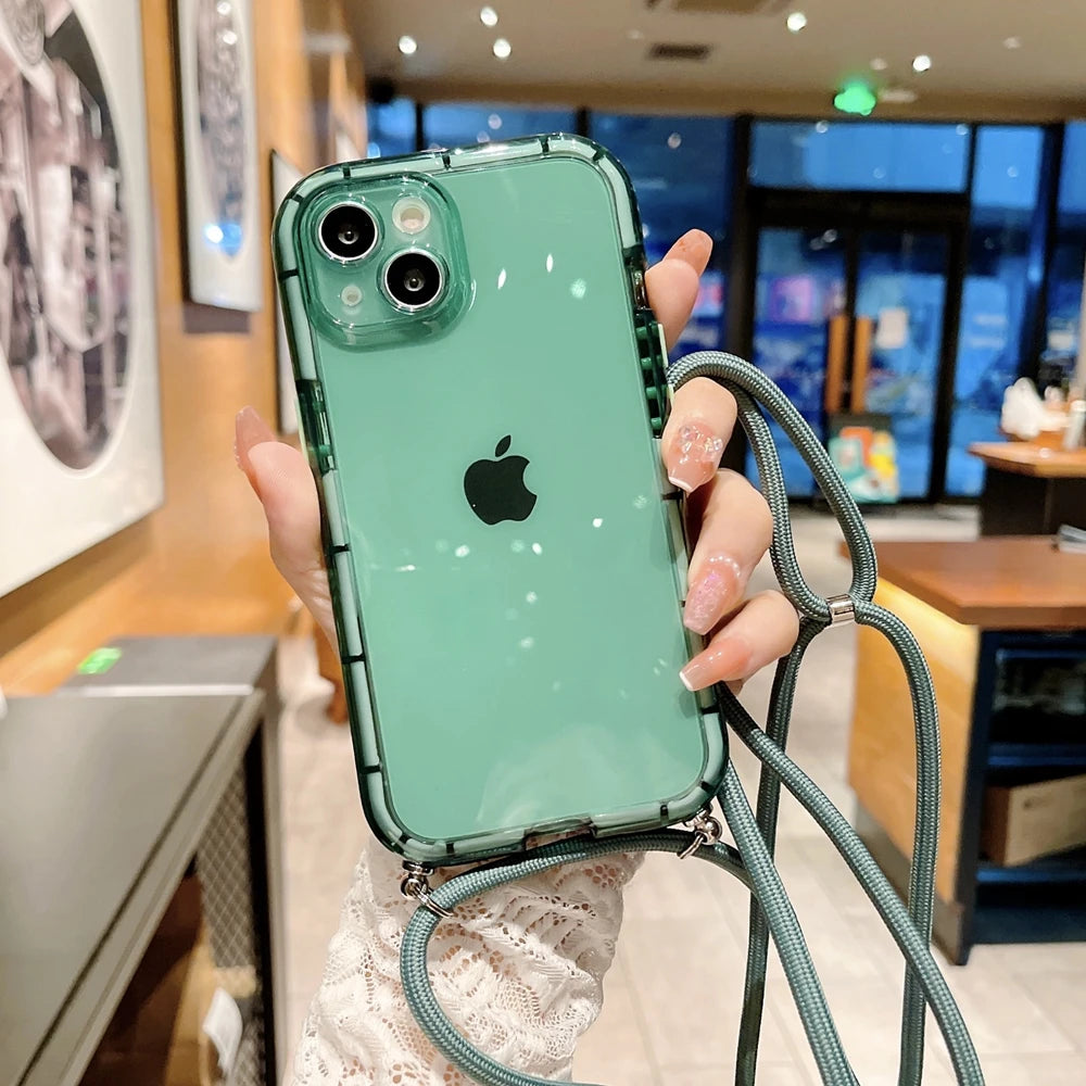 Crossbody Necklace Lanyard Strap Cord Transparent Soft Case for iPhone 14 13 12 11 Pro Max X XR XS 7 8 Plus Armor Luminous Cover