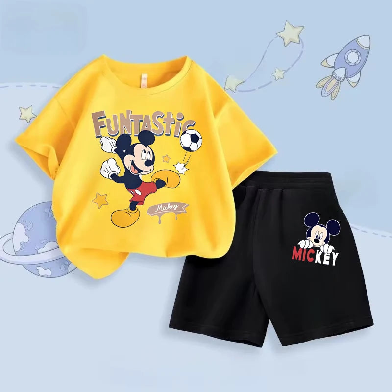 Disney Mickey Printed Set Kids Short Sleeve T-Shirt And Shorts 2-Piece Outfits Baby Boys Suit Children's Casual Summer Clothes