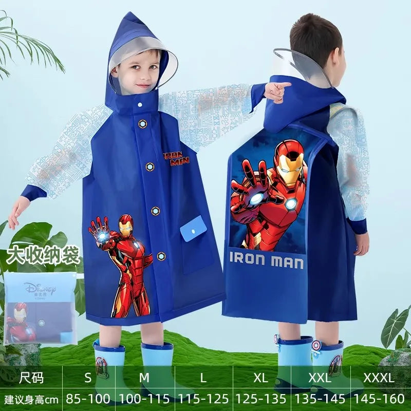 Disney Kids Raincoat Waterproof Children Elsa Spider-Man Rain Poncho Rain Coat Jacket with Backpack Student Rainwear