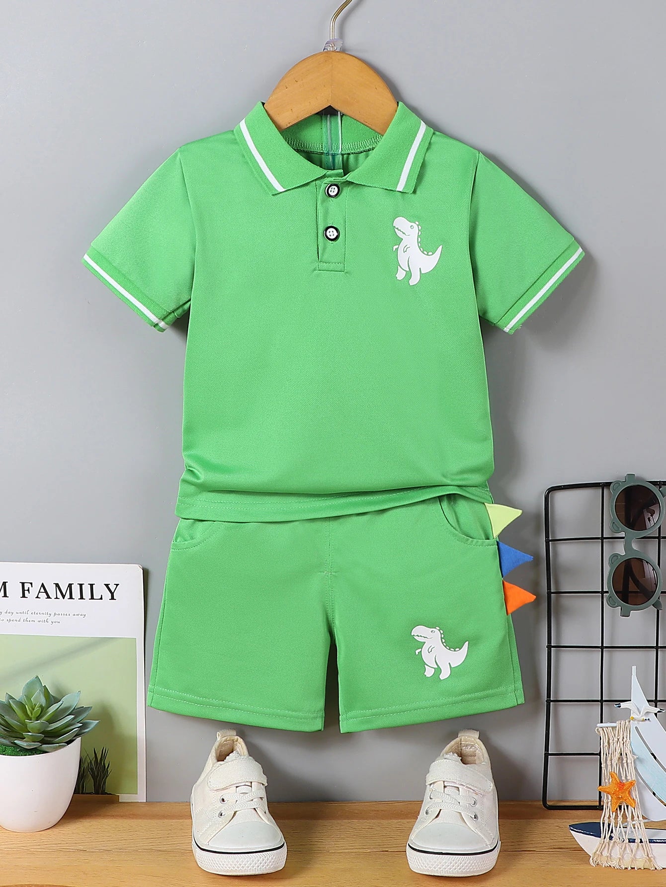 Infant Baby Boy Sets Summer Clothing Casual Sport Suit POLO Shirt + Shorts 2Pcs Set Boys Kids Gray Dinosaur Print Tracksuit