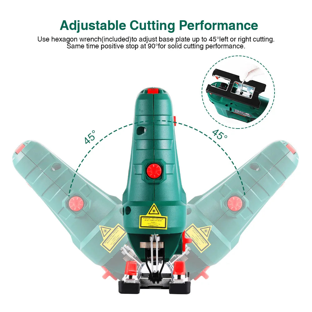 800W Jigsaw 6 Speeds 4 Orbital Positions Quick Blade Change Dust Blow Function ±45° Cutting Angle Includes Dust Pipe Guide Ruler