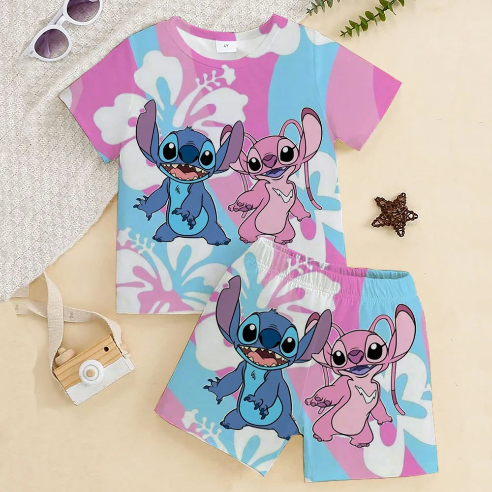 Stitch Children Clothes Round Neck T-shirts+ Shorts Sets Suitability 2-12 Years Boys Girl Casual Summer Short Sleeve Anime Print