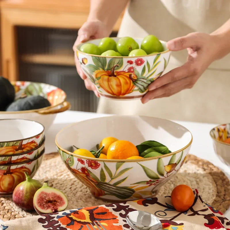 1PC Pumpkin Bowl Dish Tableware Household Ceramic Dishes Soup Double Ear Baking Plate Circular Bamboo Hat