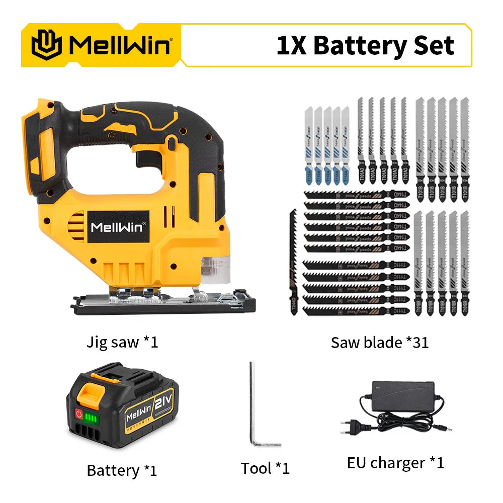 MELLWIN 3500RPM Electric JigSaw 31 With Blade Wireless Curve Saw Multi-function Woodworking Tool For Makita 18V Battery Pin