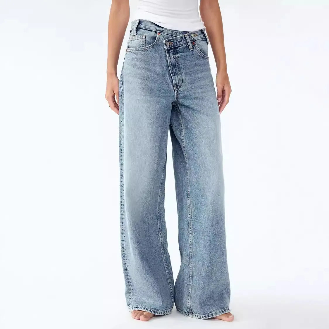Women Floor Length Pant Jeans Denim Wide Leg Pants Straight Trousers Casual Loose Elegant Splice High Waist Autumn Winter
