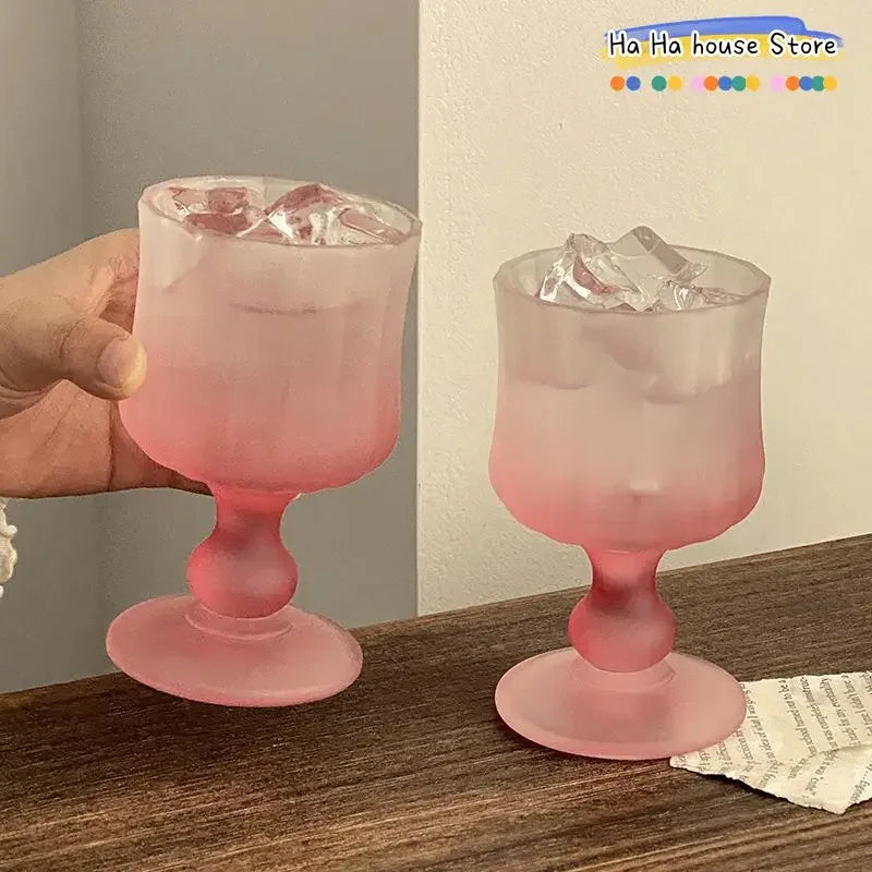 Matte Gradient Powder Pleated High Footed Glass Cup High Aesthetic Glass Red Wine Champagne Glass High-value Pink Goblet