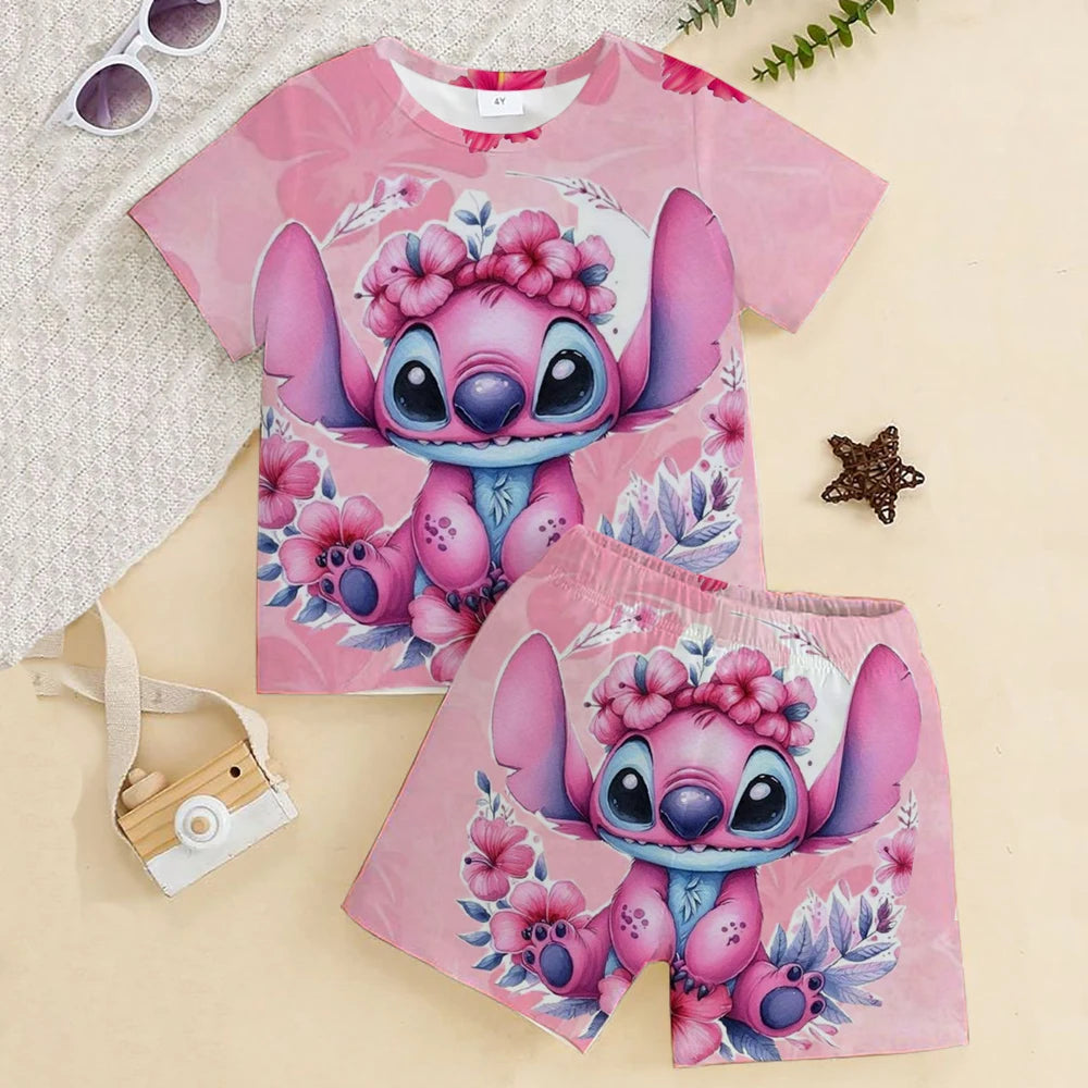 Stitch Children Clothes Round Neck T-shirts+ Shorts Sets Suitability 2-12 Years Boys Girl Casual Summer Short Sleeve Anime Print