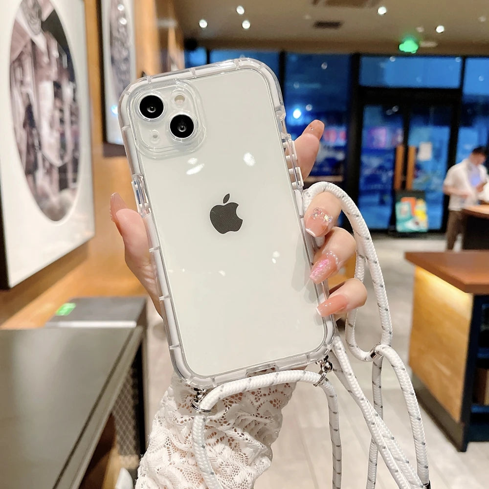 Crossbody Necklace Lanyard Strap Cord Transparent Soft Case for iPhone 14 13 12 11 Pro Max X XR XS 7 8 Plus Armor Luminous Cover