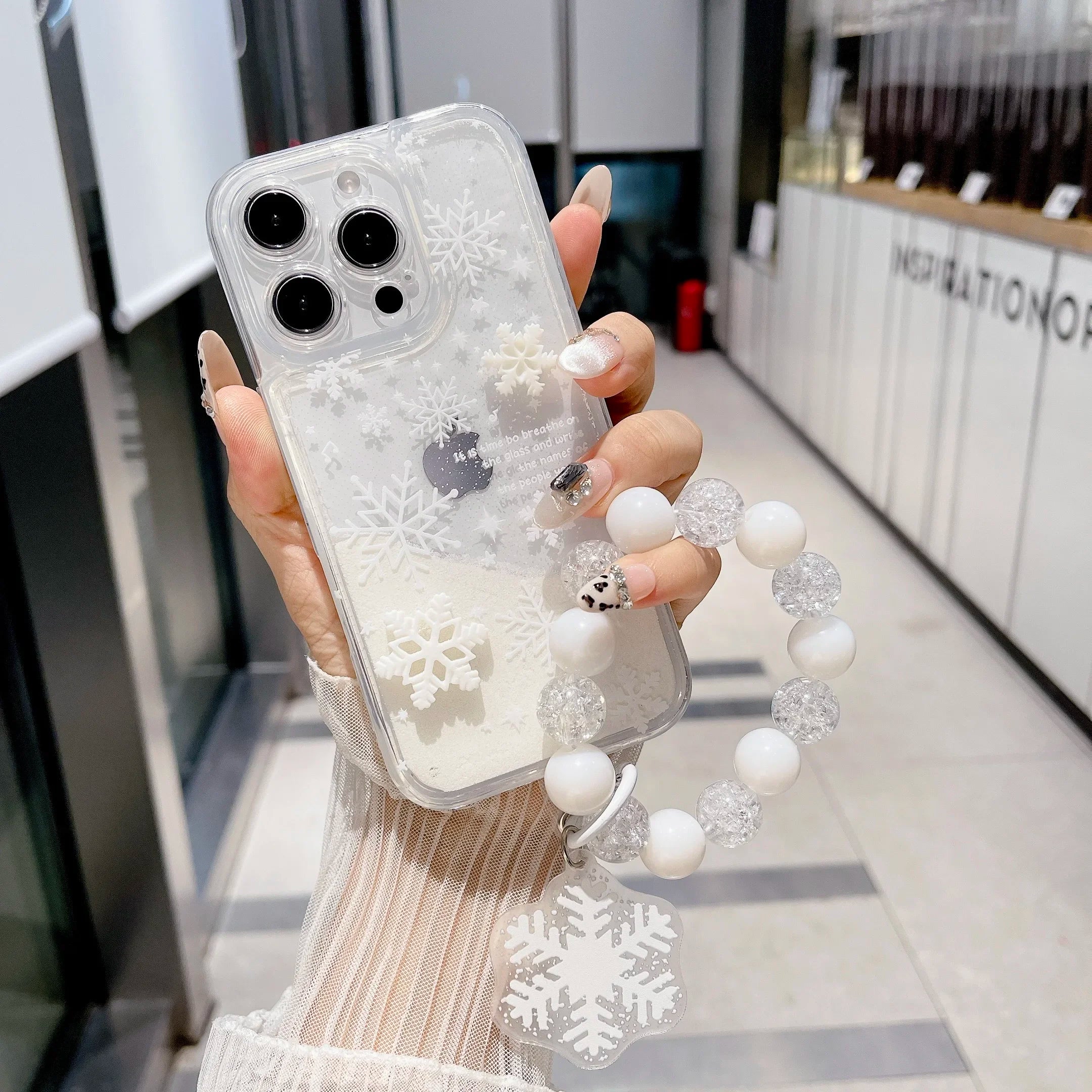 3D Snowman Snowflake Bracelet Quicksand ins Fashion Case for IPhone 16 11 12 13 14 15 Pro Max Plus with Wrist Strap Cover