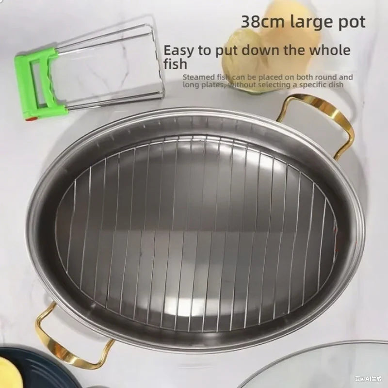 304 Stainless Steel Fish Steaming Pot Large capacity Seafood Pot Set Modern Design Pot for Kitchen Household Oval Steamer Tool