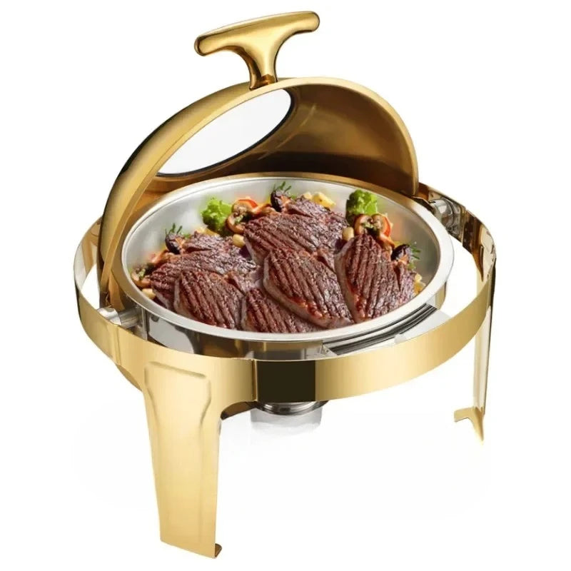 2 packs Hotel Buffet Thermal Food Warmer, Golden Food Warmer, Hotel Stainless Steel 6L Round Roll Top Chafing Dishes, electric.