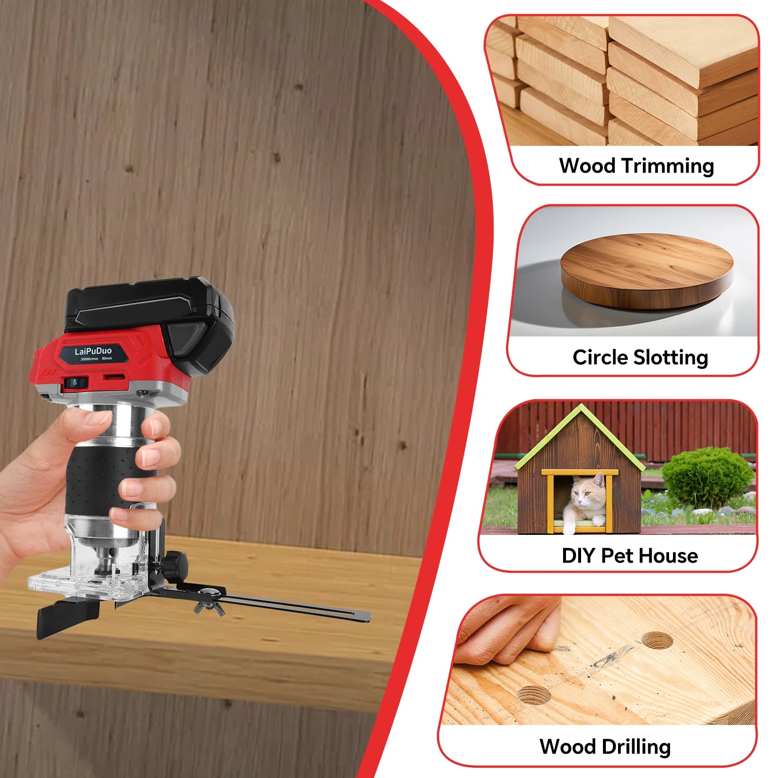Cordless Wood Router 800W 30000RPM Brushless Electric Trimmer Woodworking Trimming Machine for Milwaukee 18V Battery(No Battery)