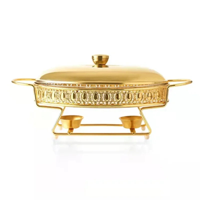 Luxury Golden Oval Food Warmer Hotel Wedding Chafing Dish Stainless Steel Glass Serving Dish Buffet Server and Hot Pot