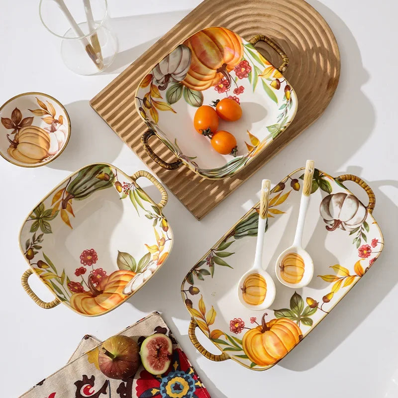 1PC Pumpkin Bowl Dish Tableware Household Ceramic Dishes Soup Double Ear Baking Plate Circular Bamboo Hat