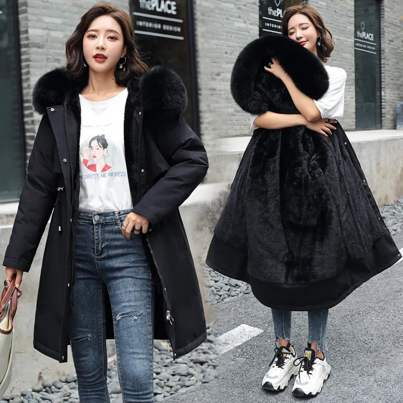 2024 New Women's Winter Parka Jacket, Long Coat with Wool Lining, Hooded Jacket with Fur Collar, Thick Warm Snow Wear, Fashion Parka
