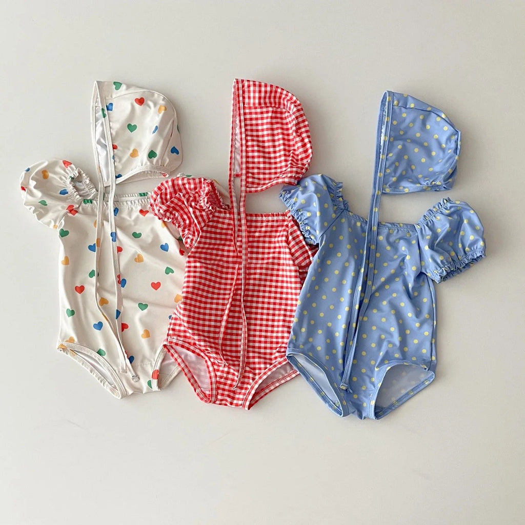 Baby Girl Long Sleeve Sunscreen Swimsuit 0-3 Years 2025 Summer New Newborn Bodysuit Toddler Girls Heart Print One Piece + Hat