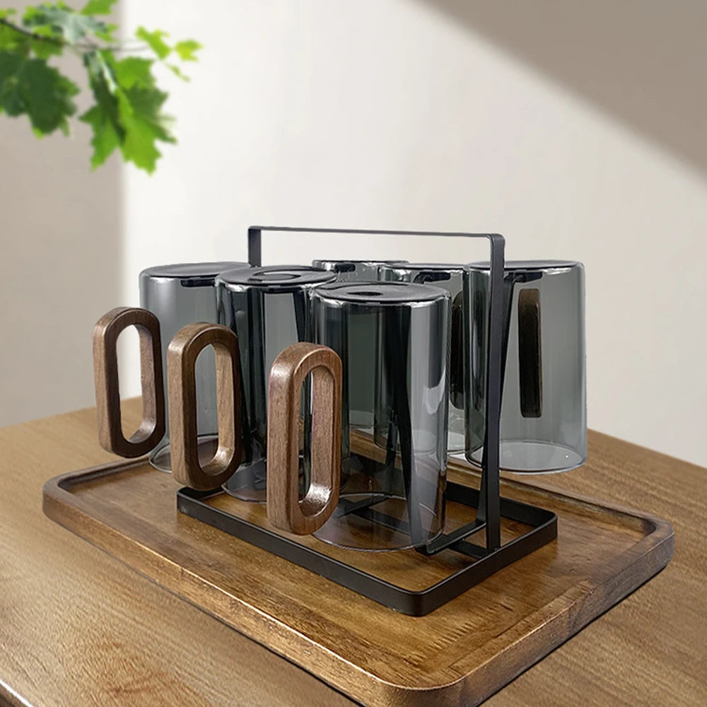 Household High Borosilicate Glass Water Cup Living Room Cigarette Ash Colored Wooden Handle Cup Walnut Empty Vertical Tea Cup