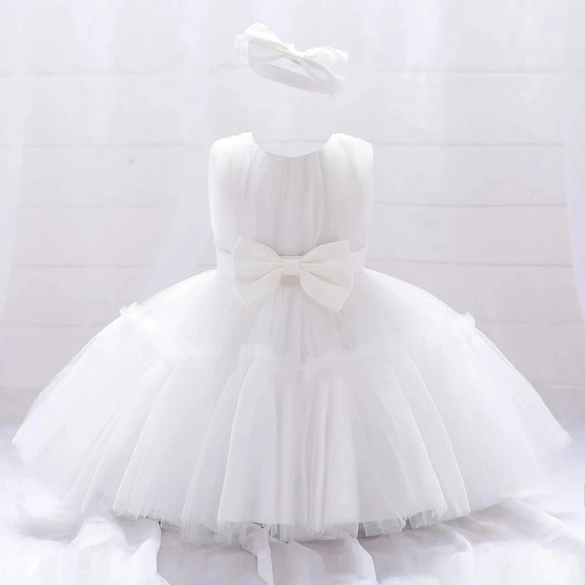 Baby Pleated Girl Princess Dress Outfit Infant White 1st Birthday Baptism Dress Toddler Bow Party Wedding Prom Gown Baby Clothes