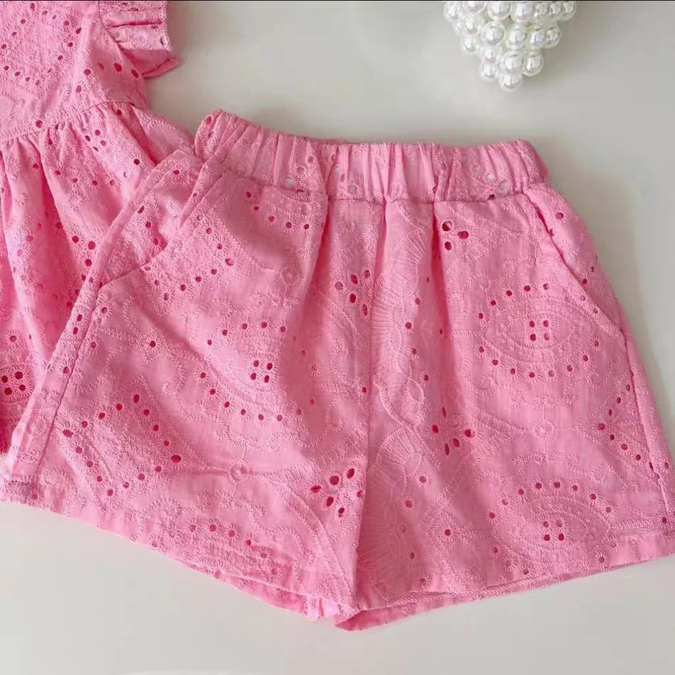 New Korean style girls' summer pink cotton suit baby hollow small flying sleeve top + shorts two-piece sweet baby girl suit