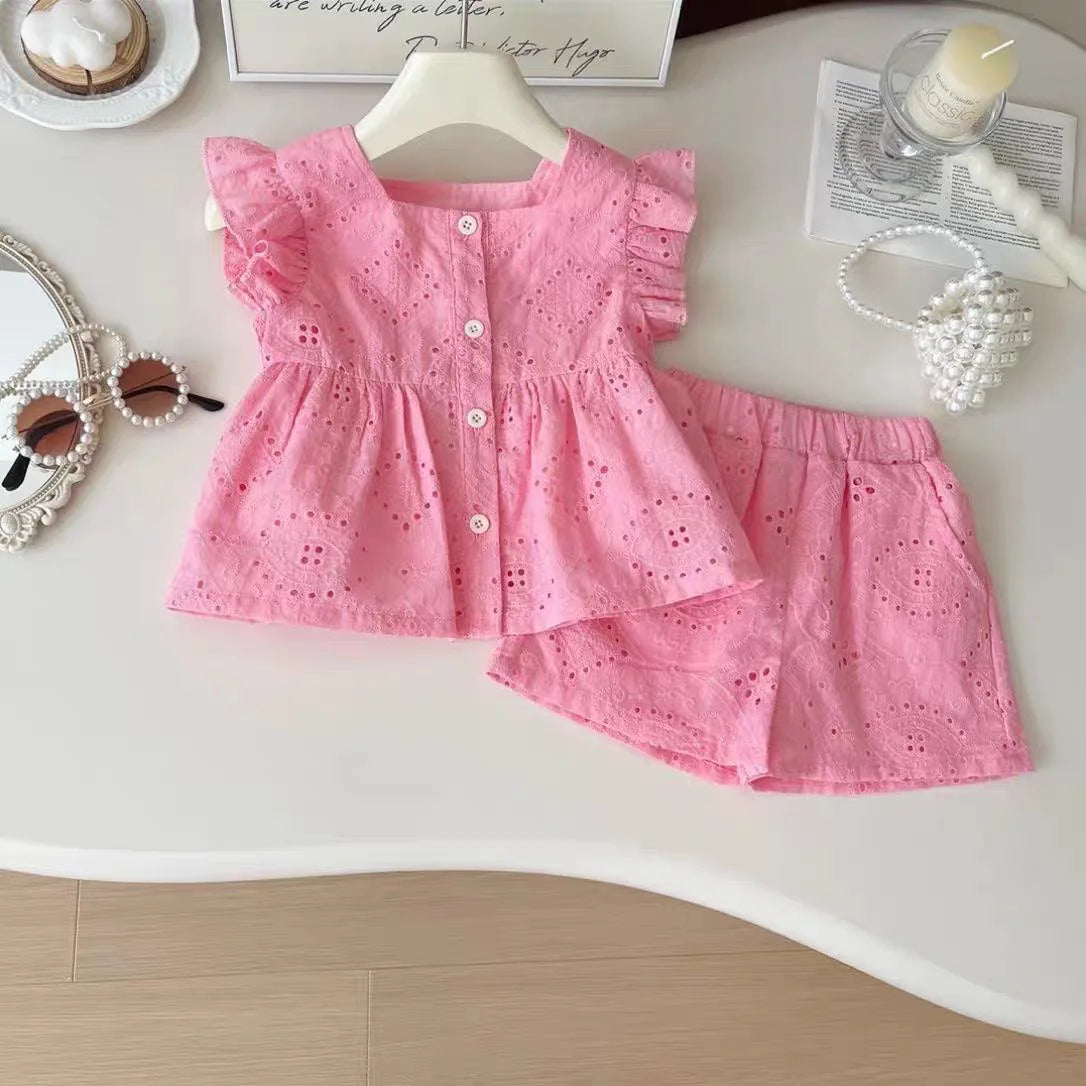 New Korean style girls' summer pink cotton suit baby hollow small flying sleeve top + shorts two-piece sweet baby girl suit