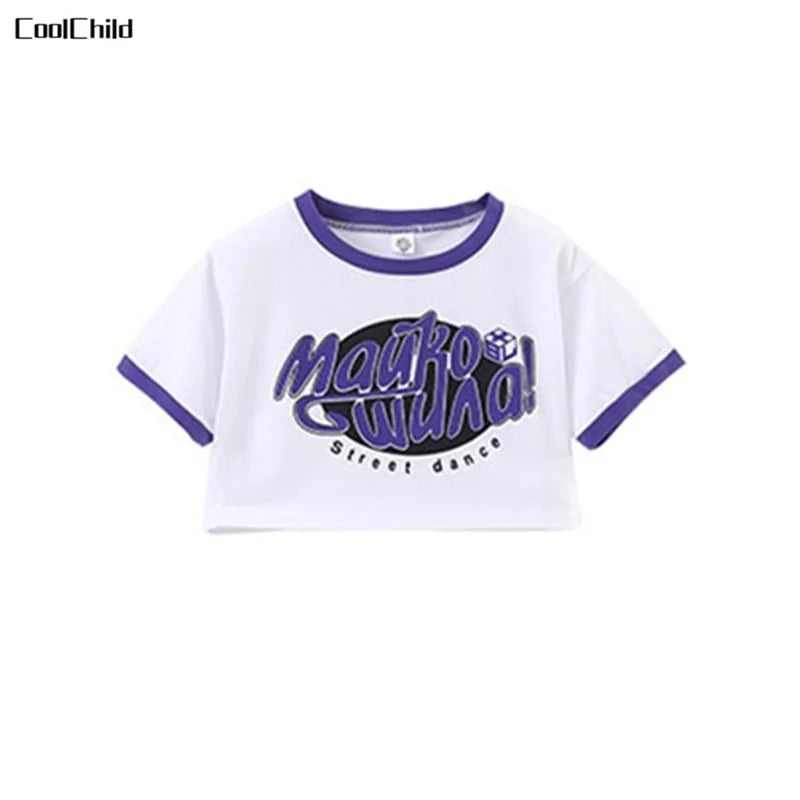 Girls Cute Summer Streetwear Children Hip Hop Crop Top Purple Tiered Skirts Clothes Sets Kids Teens Street Dance Jazz Costumes