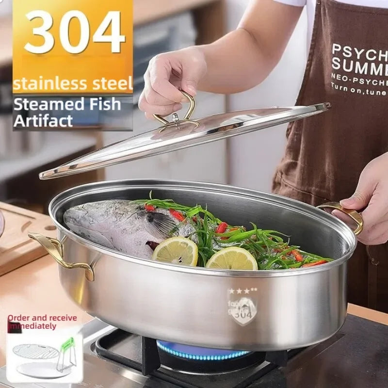 304 Stainless Steel Fish Steaming Pot Large capacity Seafood Pot Set Modern Design Pot for Kitchen Household Oval Steamer Tool
