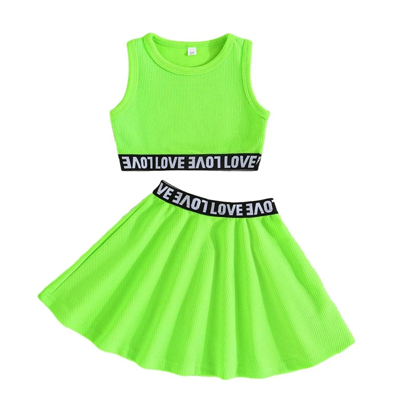 2PCS Children Baby Girl Clothing Set Sweet Sporty Style Round Neck Vest Top+Short Skirt Fashion Summer Outfit for 3-8Y Kids Girl