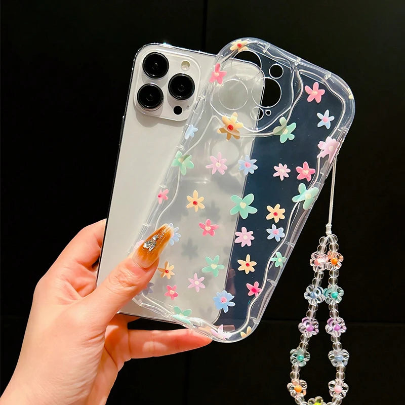 Colorful Flower Pattern Bracelet Lanyard Transparent Phone Case For iPhone 17 16 15 14 13 12 11 Pro Max XS XR 7 8 Plus 16E Cover