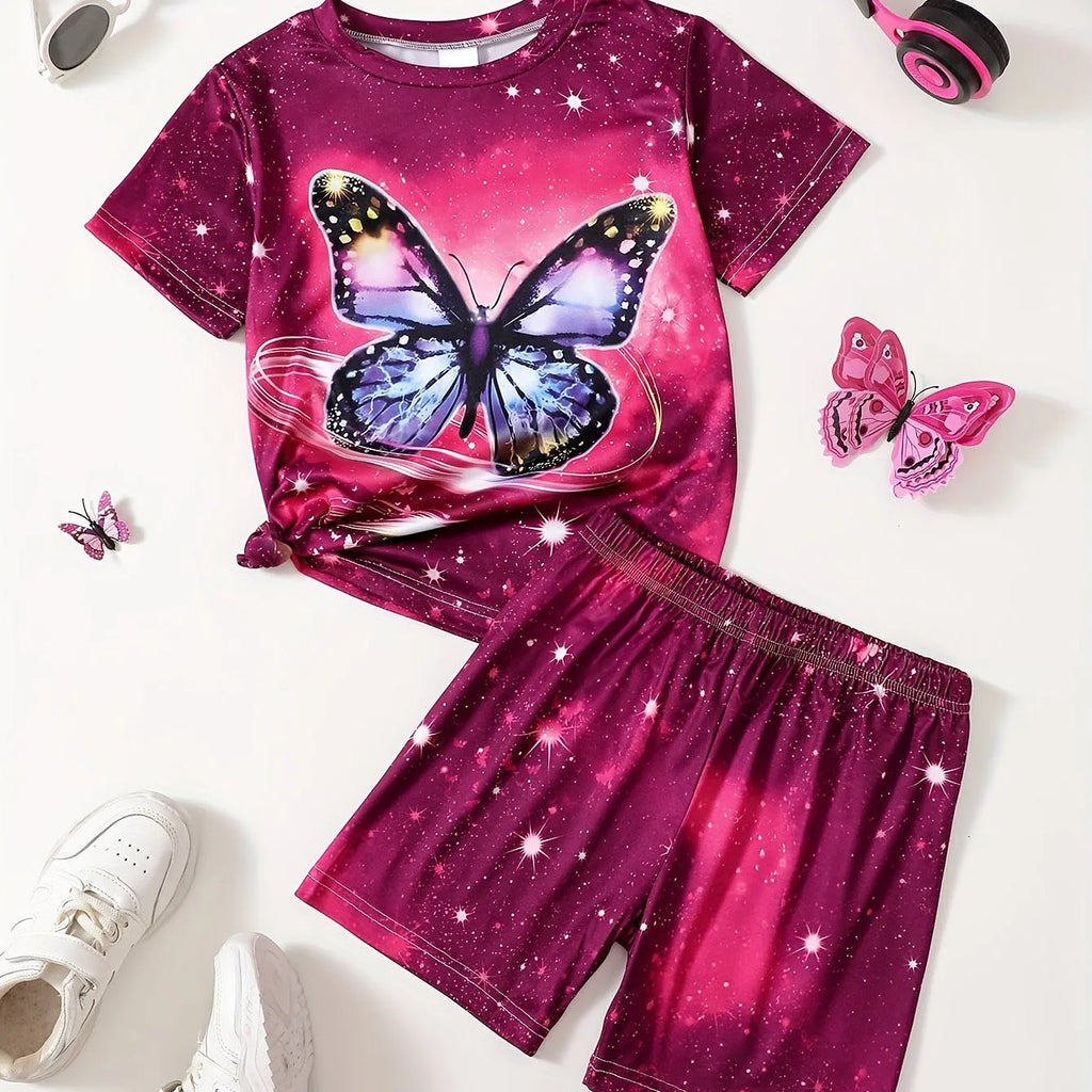 Children's Clothing Set for Girls Short Sleeve Girl Shorts 3D Butterfly Print Casual Girls Summer Clothes Pink Children's Sets