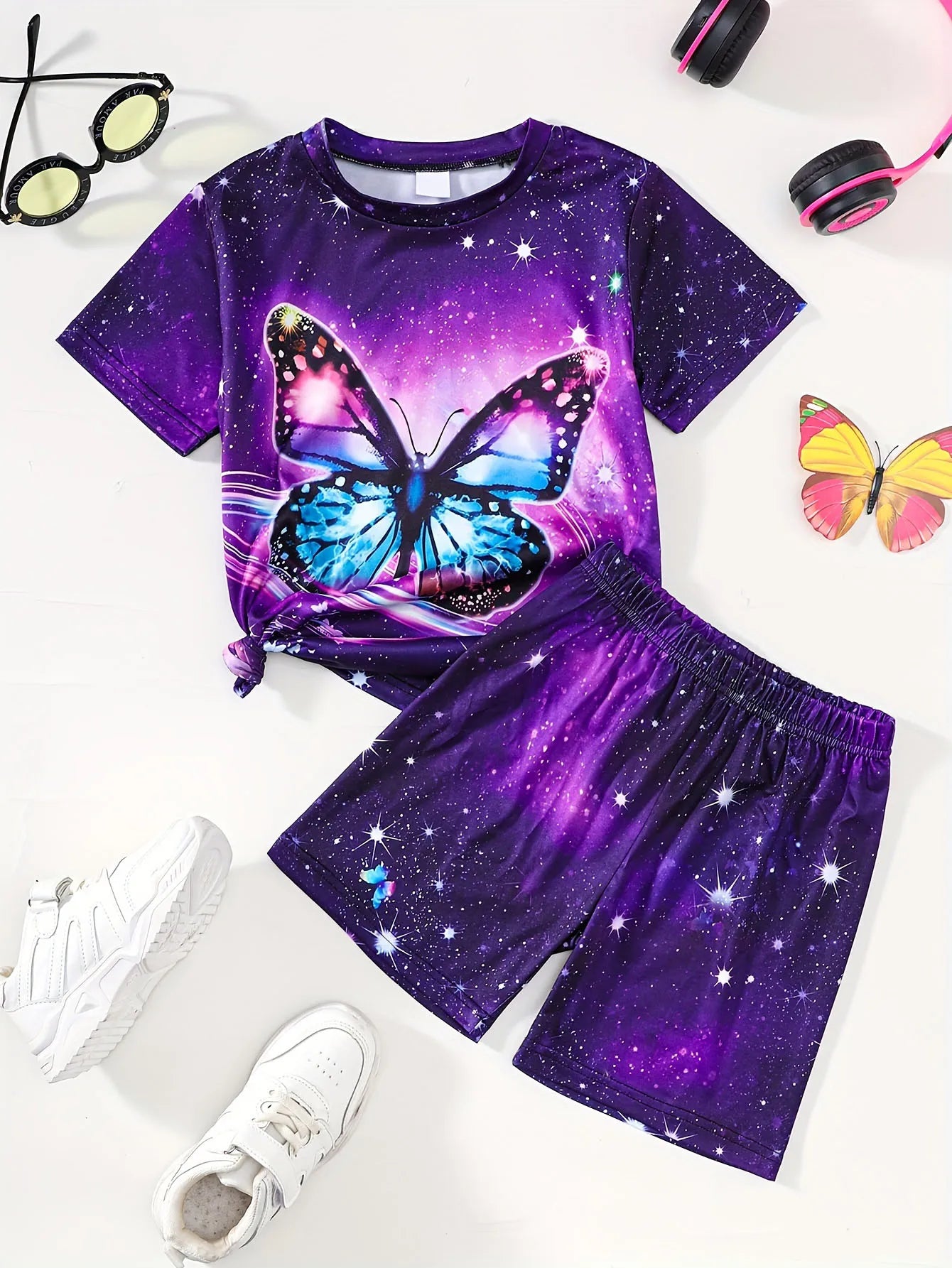 Children's Clothing Set for Girls Short Sleeve Girl Shorts 3D Butterfly Print Casual Girls Summer Clothes Pink Children's Sets