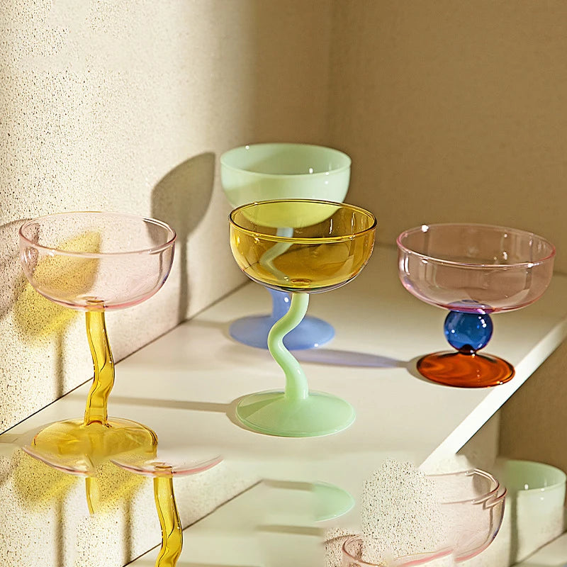 Round Bowl Goblet Dessert Glass Mug S-shaped Cup Stem Ice Cream Bowl Cup Milkshake Dessert Cup Colored Borosilicate Glass