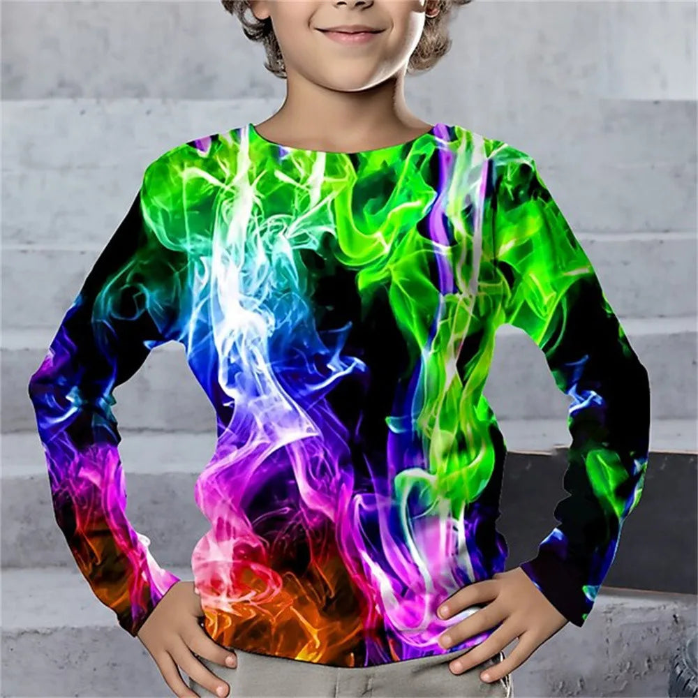 Children's Clothing Tshirt for Kids Boys 9 to 14 Lightning Geometry Long Sleeve T-Shirt Boy One Piece Casual Top High Child Tees