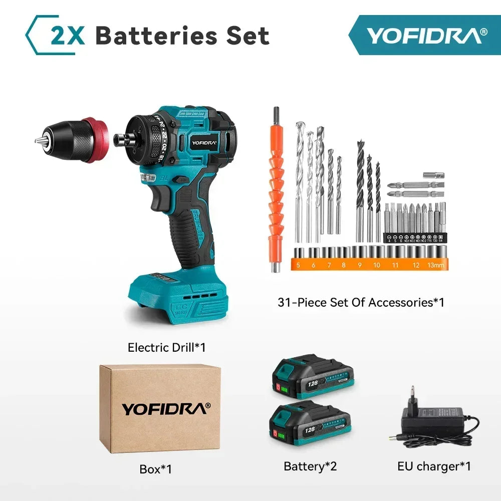 YOFIDRA 2 in1 Brushless Electric Screwdriver Hammer Cordless Drill Impact Multifunctional Power Tool For Makita 18V Battery Pin