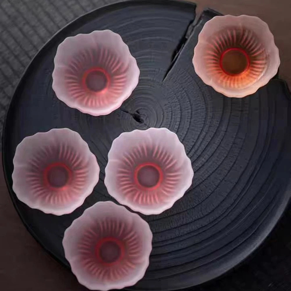 4 Pieces Glazed Glass Frosted Pink Sakura Japanese Teacup, Pink Glazed Lady, Household Flower Teacup, Tea Cup, Petal Cup