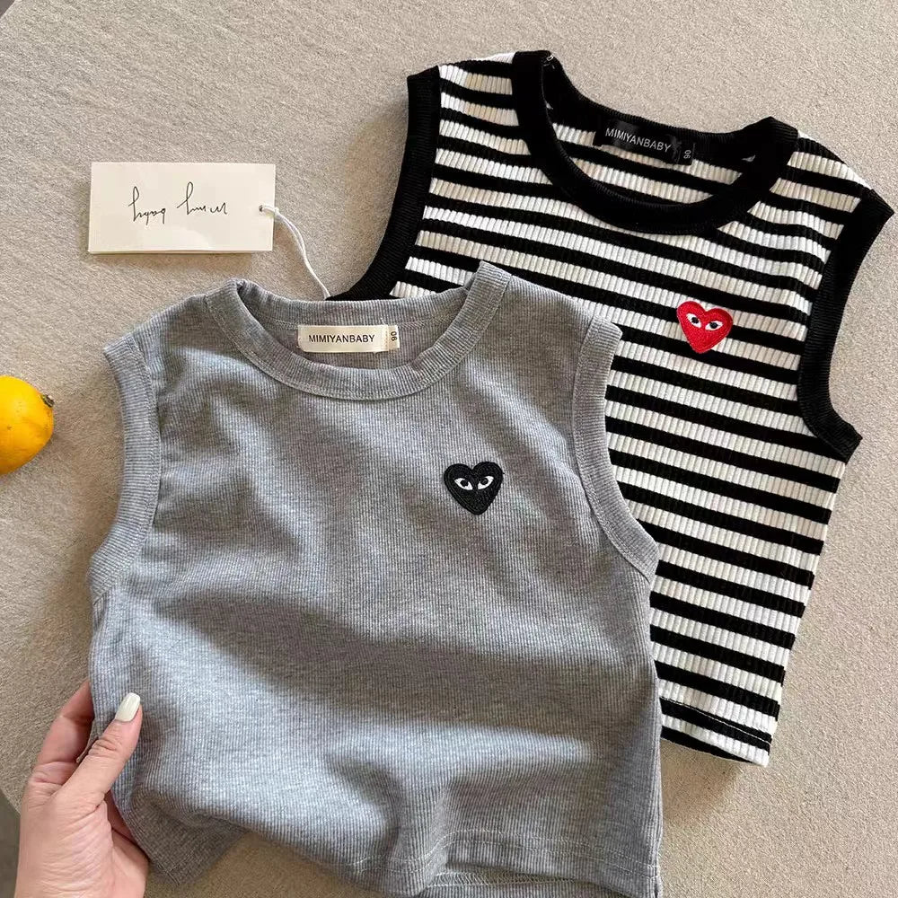 T2667 Summer New Children's Sleeveless Vest Boys 2025 Love Heart Baby Striped Workwear Thin Style Small Kids T-Shirt