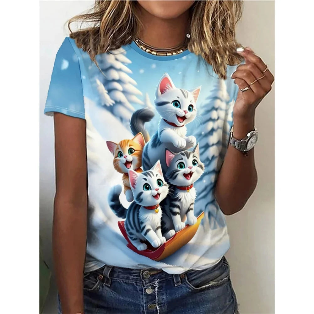 Funny Cat Pattern Children's T-Shirt Girl Cute Animal 3D Printed Fashion Top Short Sleeve Tee Summer Children Clothes Girl Tops