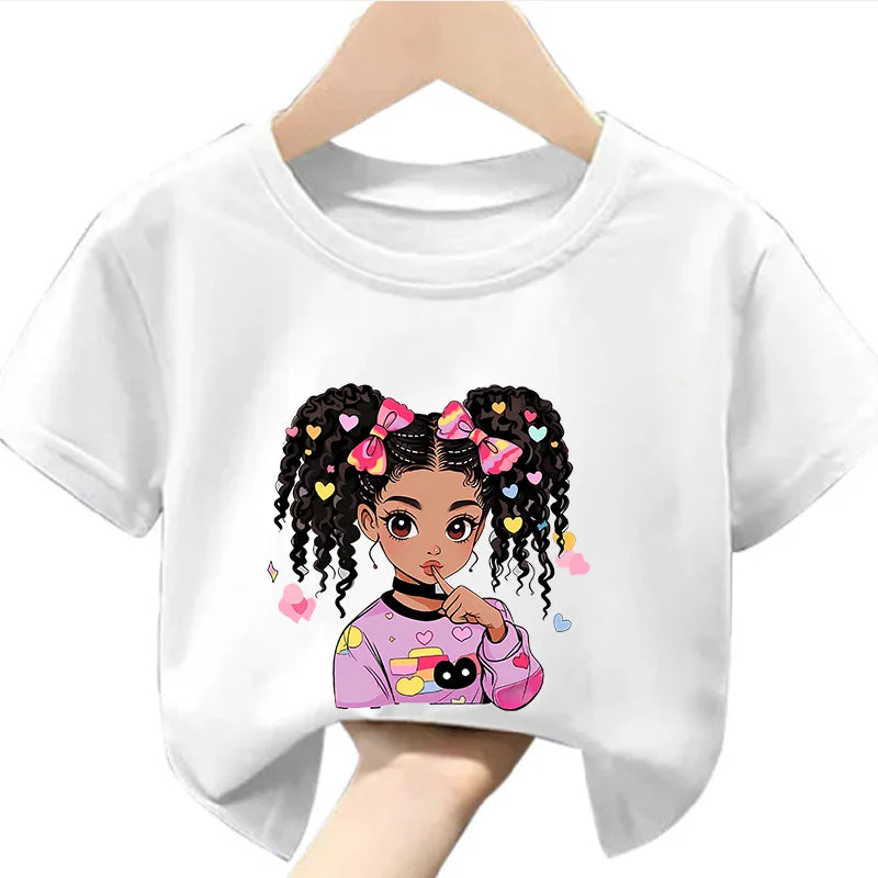 Colorful Cute BLACK GIRL Print Girls Soft and Stretchy Round Neck Short Sleeve T-shirt Kids Clothes Clothes Girls Clothes Bs