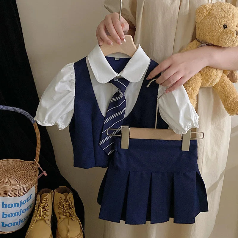 Summer Girls 2 Pcs clothes Set Baby Blouse+Pleated Skirt Kid suit Children Clothing Toddler Suit Fashion Preppy outfits Tie 2-10