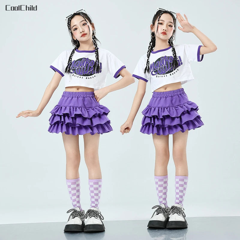 Girls Cute Summer Streetwear Children Hip Hop Crop Top Purple Tiered Skirts Clothes Sets Kids Teens Street Dance Jazz Costumes
