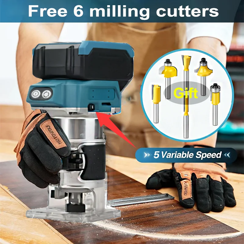 Brushless 5 Speed ​​Wood Router Tool Cordless Milling Engraving Slotting Machine Woodworking Trimming Machine for Makita Battery