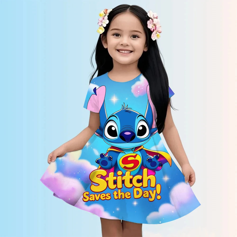 2025 Girls Stitch Dresses Princess Children's Clothing Cartoon Stitch Print Summer Fashion Baby Stitch Dress 3-14Y