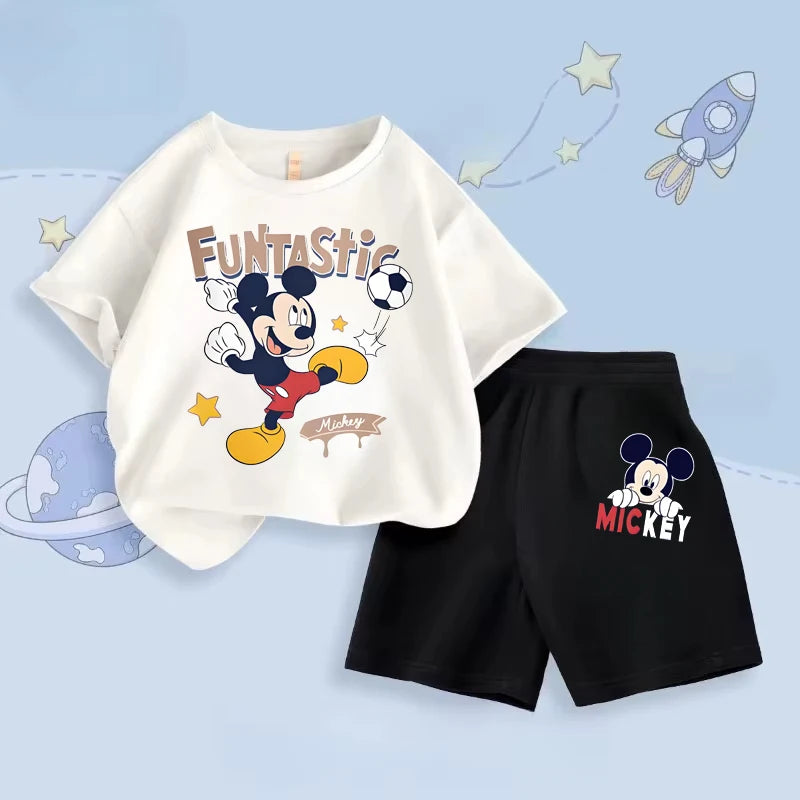 Disney Mickey Printed Set Kids Short Sleeve T-Shirt And Shorts 2-Piece Outfits Baby Boys Suit Children's Casual Summer Clothes