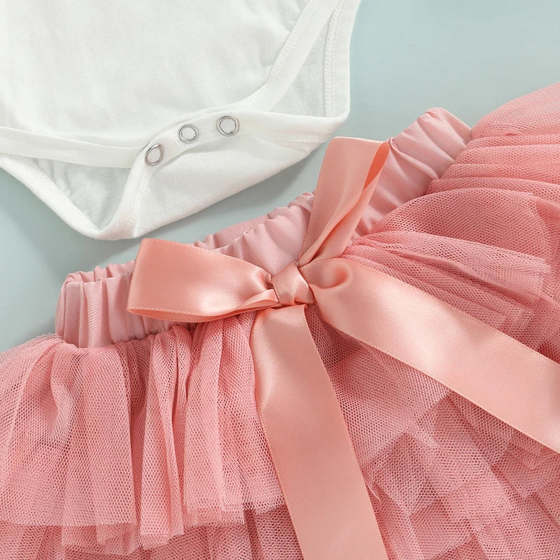3 Pcs Baby Girls Casual Princess Outfits Cotton Letter Fly Sleeve Round Neck Bodysuit + Tulle Tutu Skirt + Bow Headband