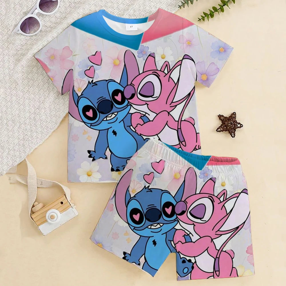 Stitch Children Clothes Round Neck T-shirts+ Shorts Sets Suitability 2-12 Years Boys Girl Casual Summer Short Sleeve Anime Print