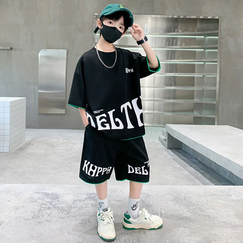 Children Summer Clothing Set For Boys Letter Print Sport Suit Kids Teenager Cotton Outfits Casual Short Sleeve Tracksuit Costume
