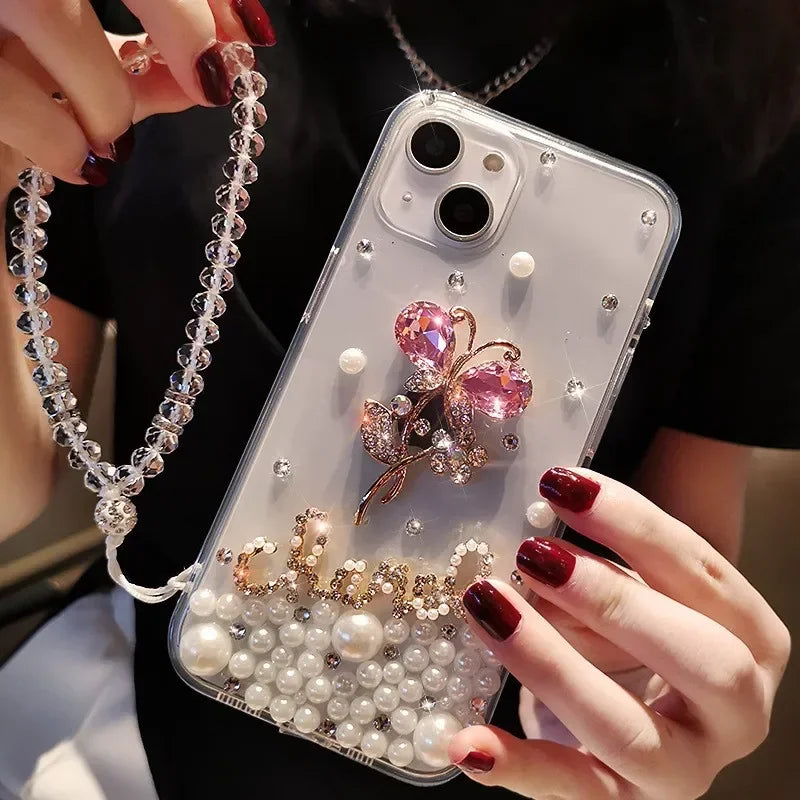 Fashion Bling Diamond Rhinestone Flower Case Cover For Iphone 17 Air 16 14 15 12 13 Pro MAX XS XR 7 8 PLUS Soft Clear Phone