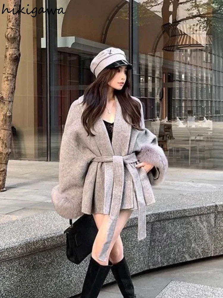 Fashion Coats Women Patchwork Furry Long Sleeve Bandage Outwear Korean Y2k Clothing Slim Waist Temperament Solid Color Jackets