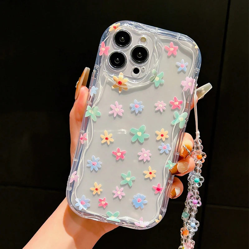 Colorful Flower Pattern Bracelet Lanyard Transparent Phone Case For iPhone 17 16 15 14 13 12 11 Pro Max XS XR 7 8 Plus 16E Cover